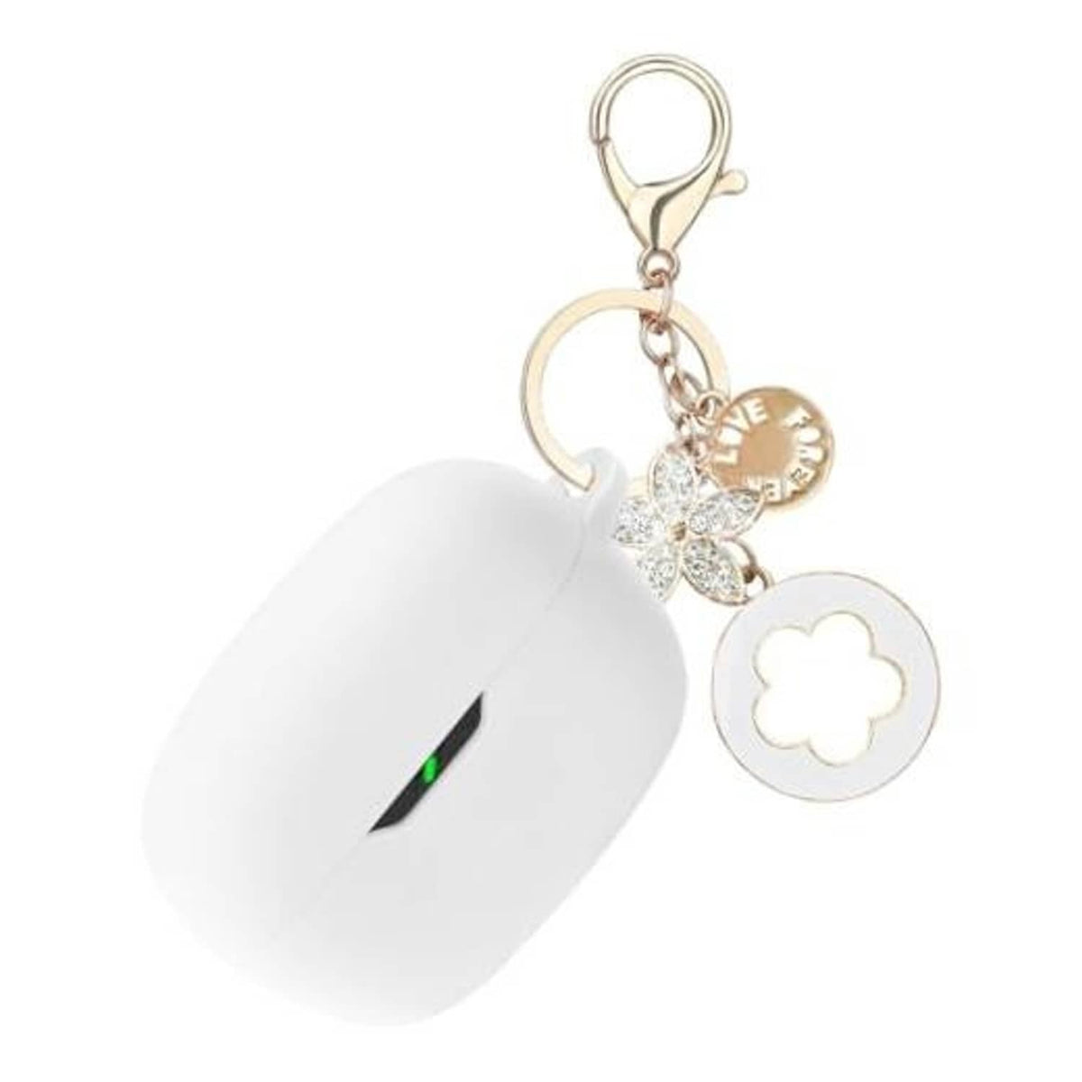 White soft silicone earbud case cover with gold keychain charms attached