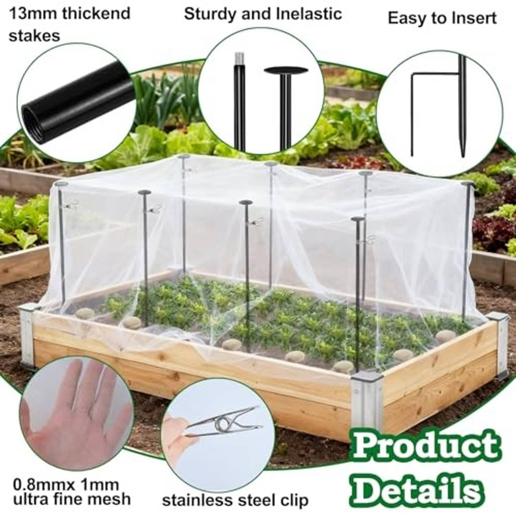 White mesh net enclosure over a wooden raised garden bed with metal support rods
