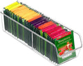 Clear plastic tea bag organizer bin with metal frame, holding multicolor tea packets