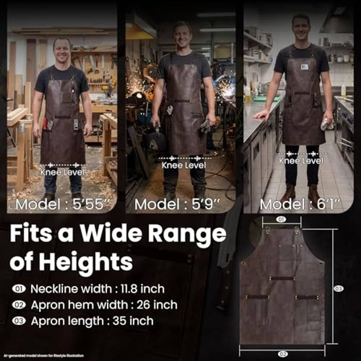 Brown synthetic leather chef apron shown in multiple heights, knee-length coverage with pockets