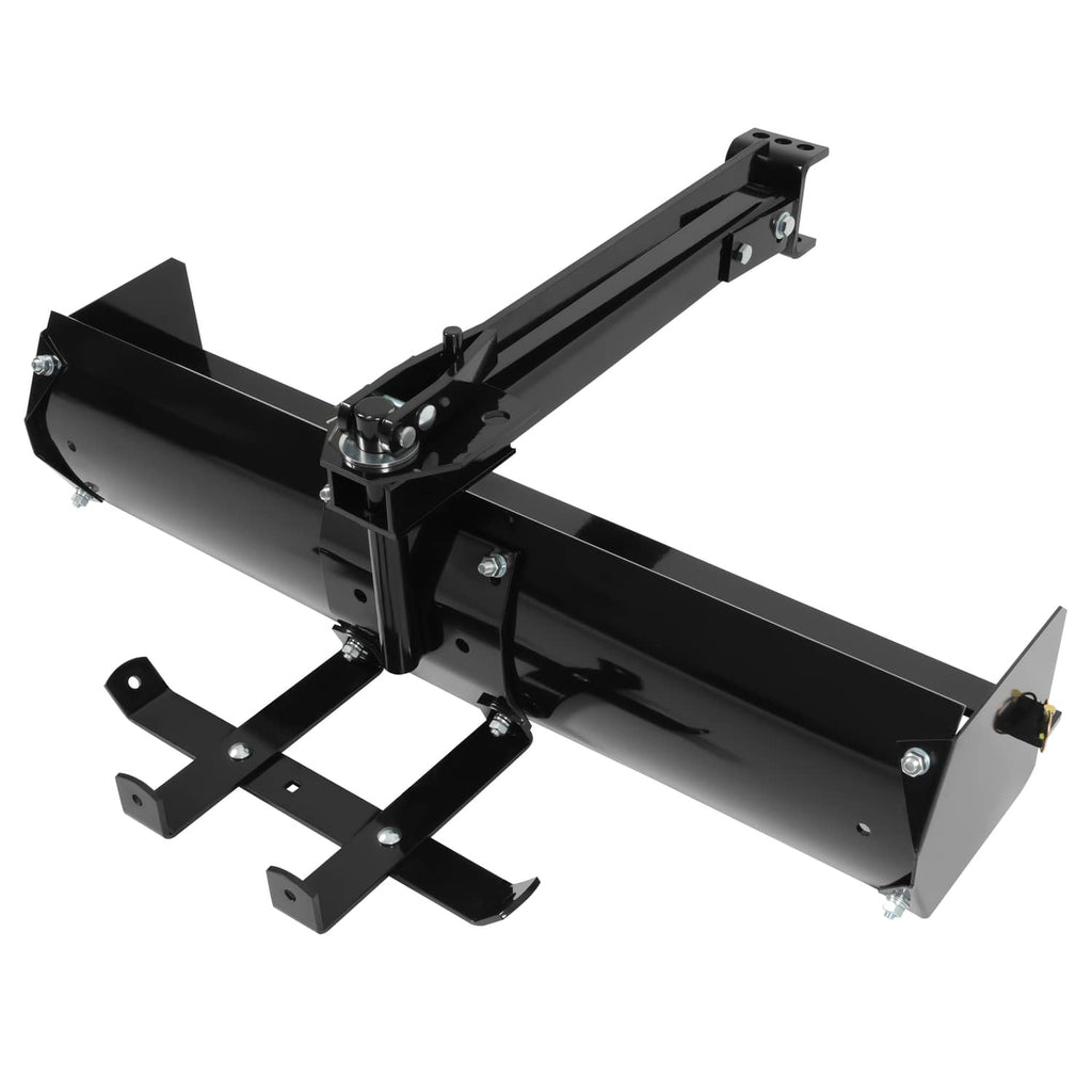 Black steel tow-behind box scraper blade with mounting frame, side brackets, and spikes