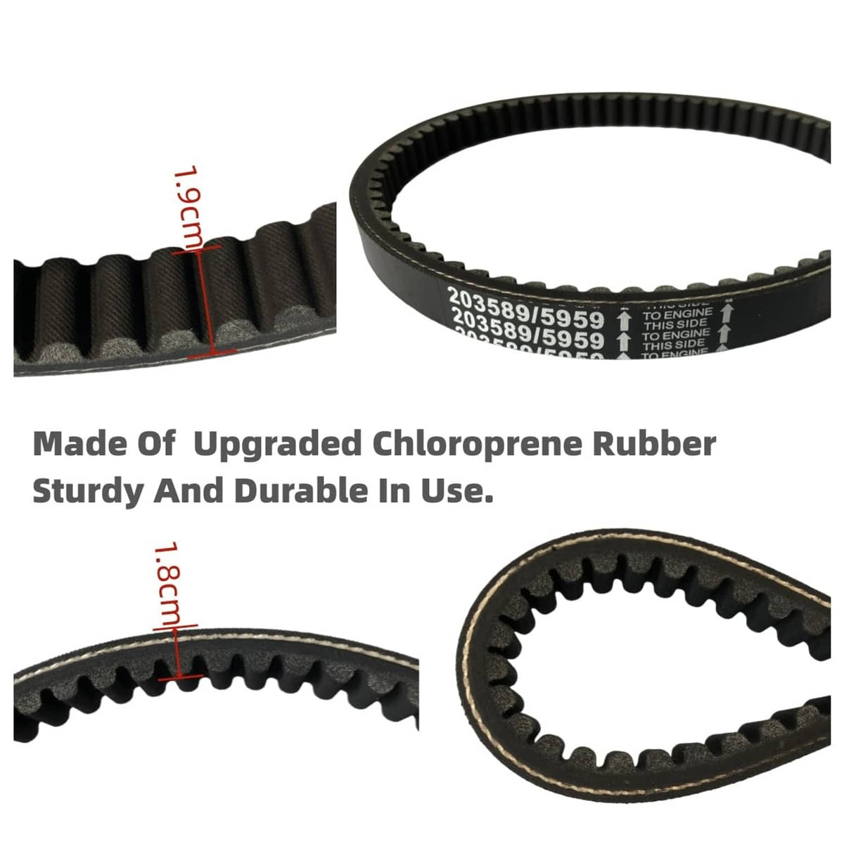 Upgraded rubber drive belt with ribbed teeth and length-width measurements (close-up)