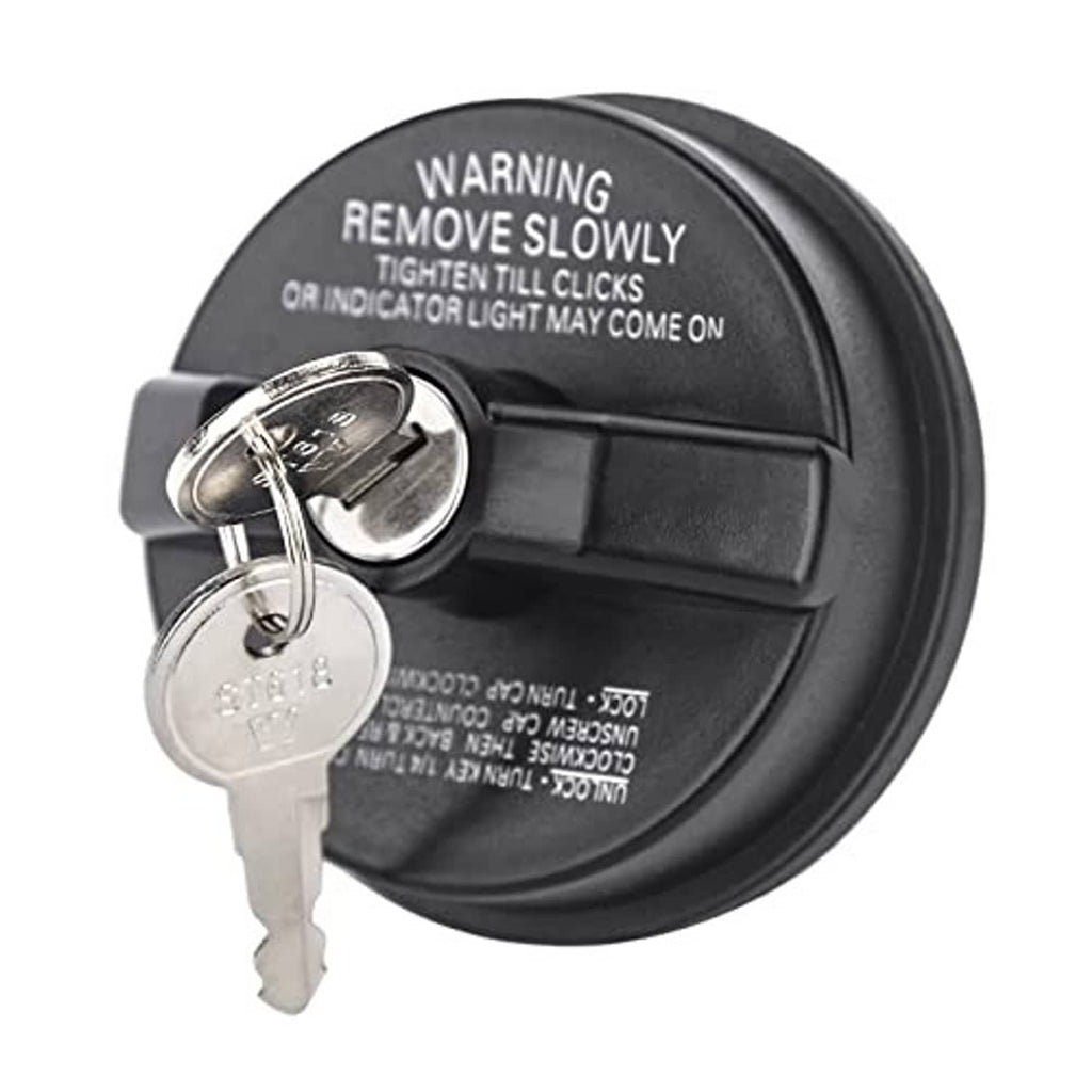 Black locking fuel gas cap with visible key slot and two keys on keyring