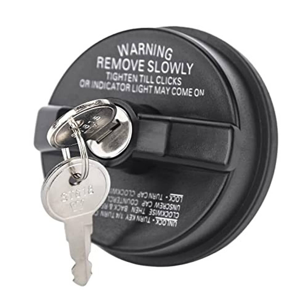 Black locking fuel gas cap with visible key slot and two keys on keyring