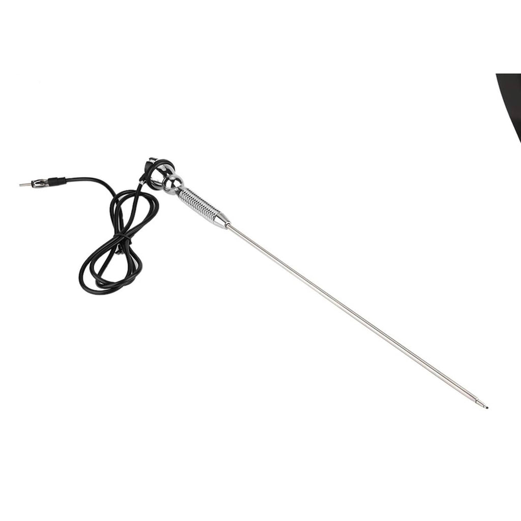 Universal car roof antenna with silver mast, black wired lead, chrome base
