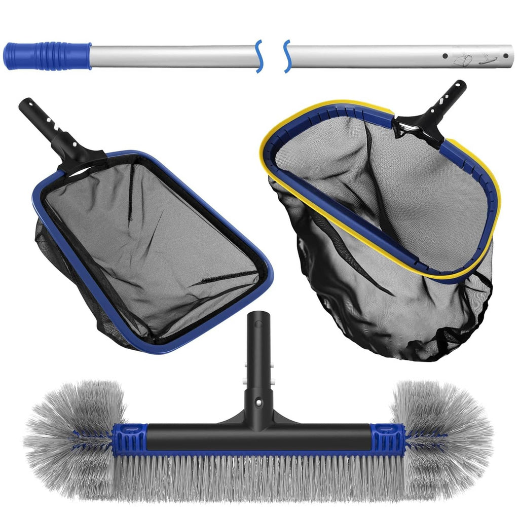 Pool brush with white bristles on blue frame, plus gray skimmer net with yellow trim