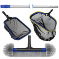Pool brush with white bristles on blue frame, plus gray skimmer net with yellow trim