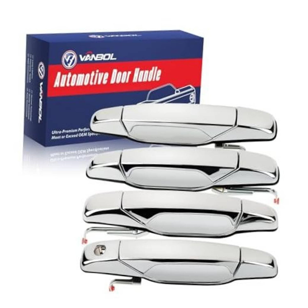 Chrome exterior door handle set, four piece, glossy silver handles with key slot