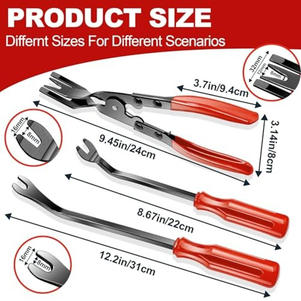 Red and black trim removal tool sizes chart with multiple pry tool profiles