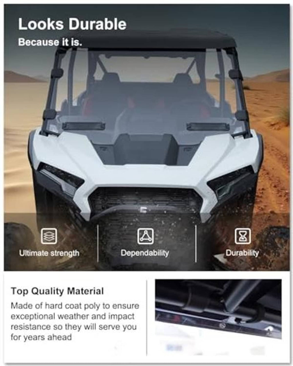 Vented full windshield for UTV, centered front view with vented hard-coat poly