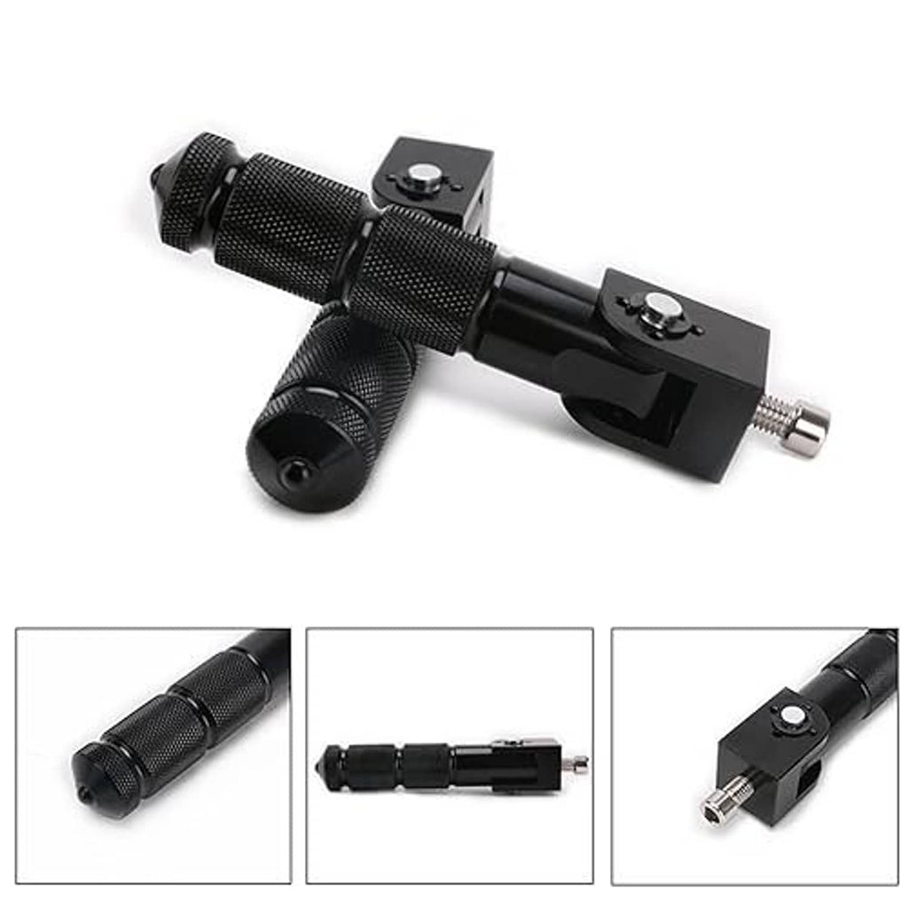 Pair of black foldable motorcycle foot pegs with textured grips and mounting bolts
