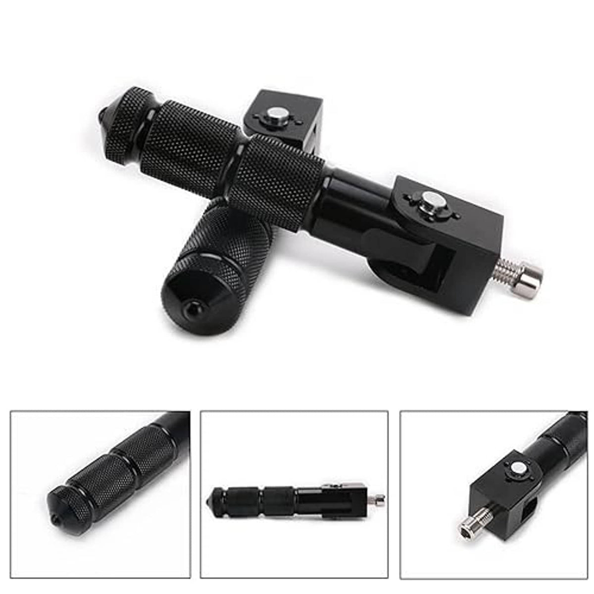 Pair of black foldable motorcycle foot pegs with textured grips and mounting bolts