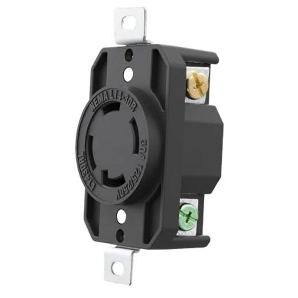 Black locking NEMA L14-30R flush-mounting power receptacle with grounding terminals