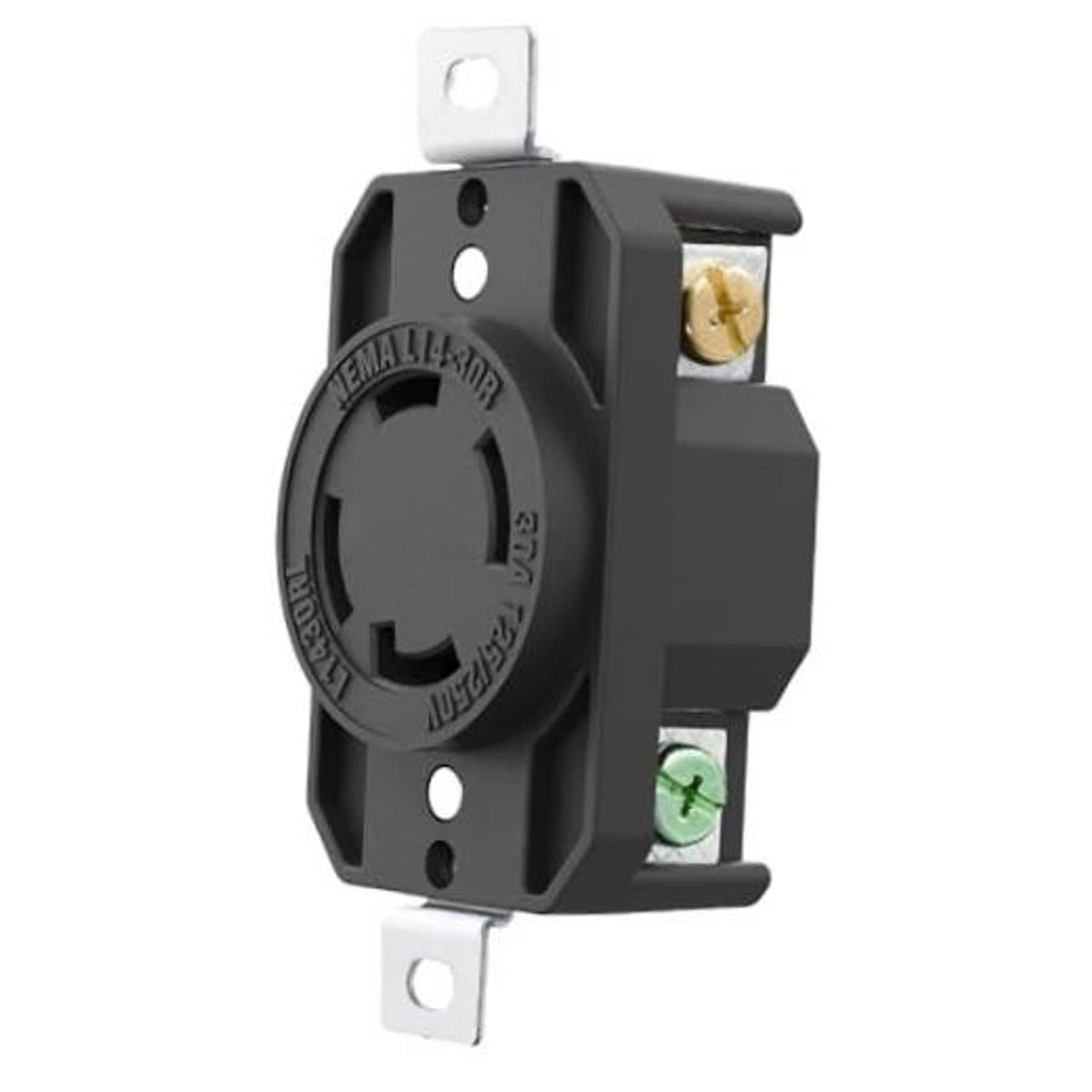 Black locking NEMA L14-30R flush-mounting power receptacle with grounding terminals