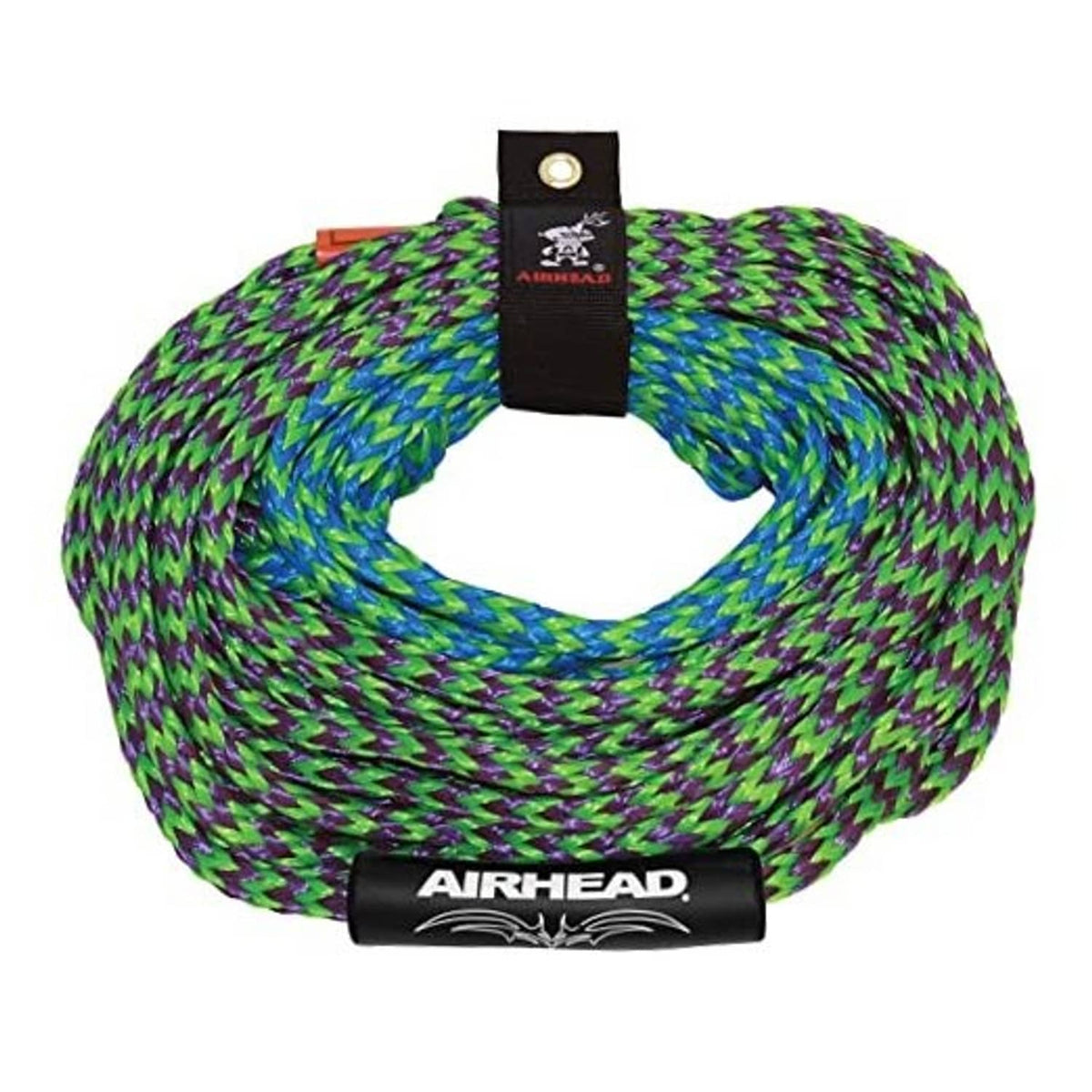 Braided tow rope coil with black keeper strap, purple green blue pattern, AIRHEAD label