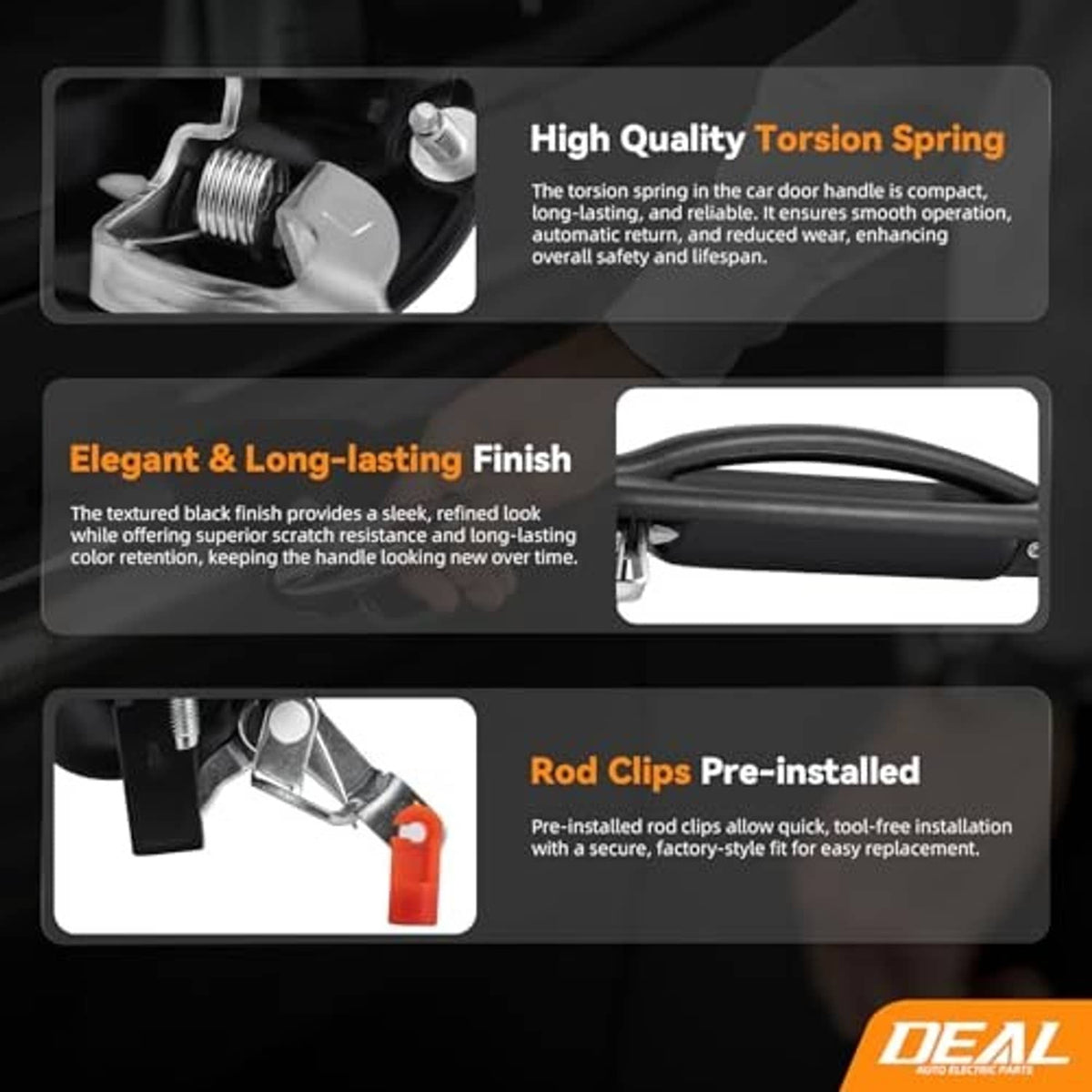 Textured black door handle with torsion spring and pre-installed rod clips