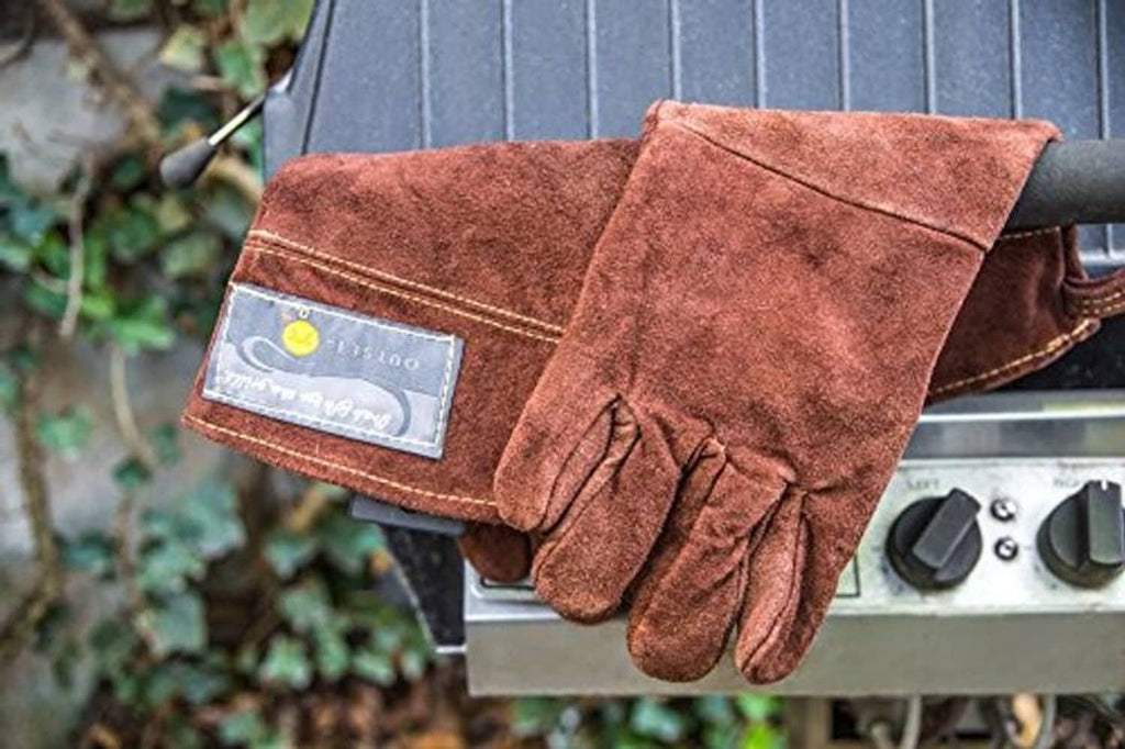 Brown leather grill glove with stitched cuff and rectangular patch label