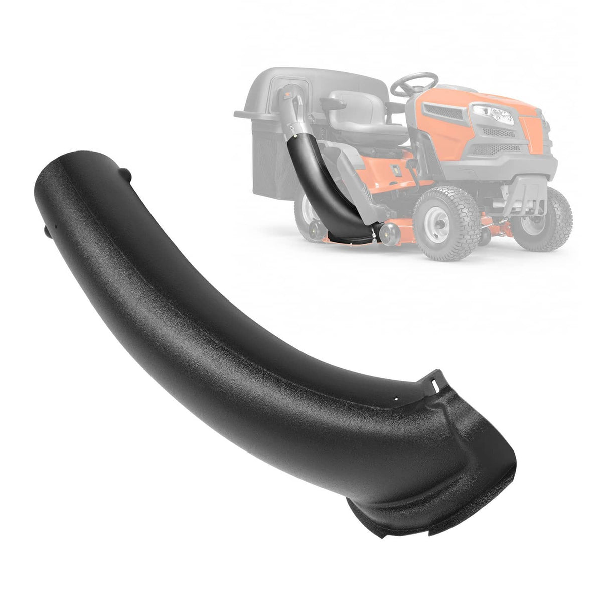 Black curved mower discharge chute, partially assembled with underside deflector