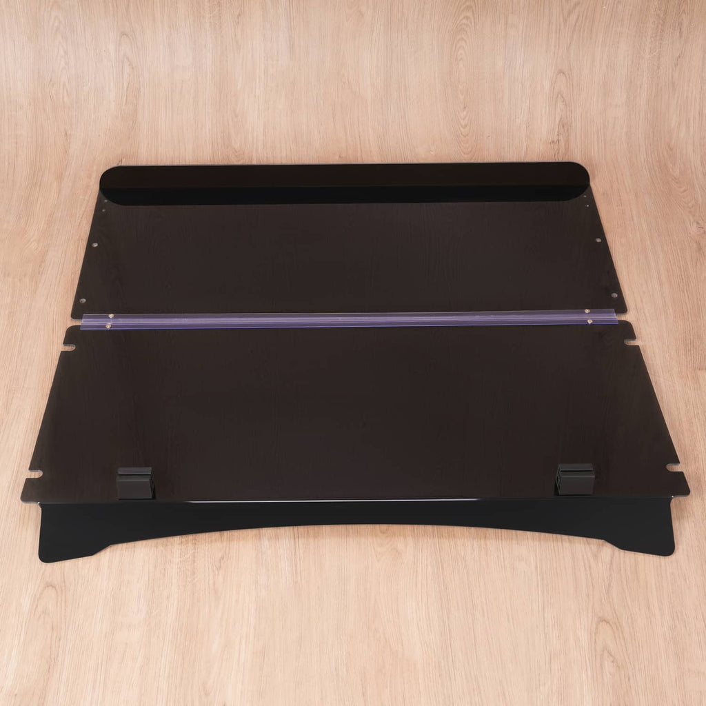 Tinted windshield screen, dark smoked panel with translucent edge trim and mounting clips.