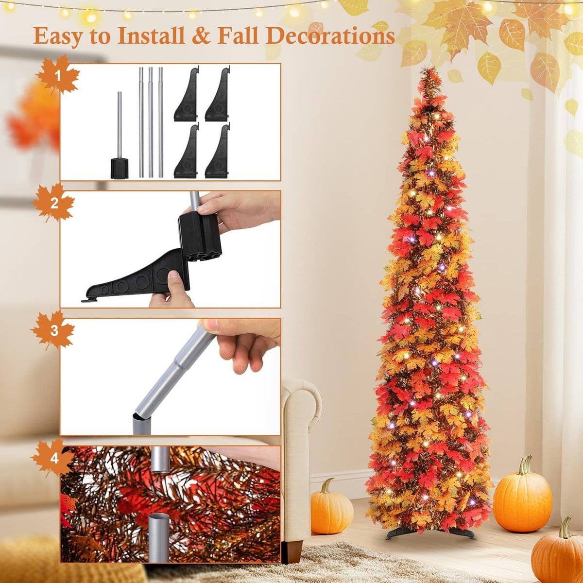 Foldable fall lighted tree with multicolor foliage and stand base