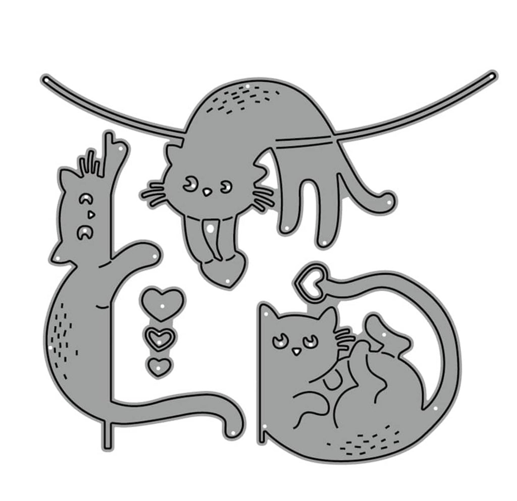 Gray cat metal die cut set with heart motifs and curled sleeping cat silhouettes