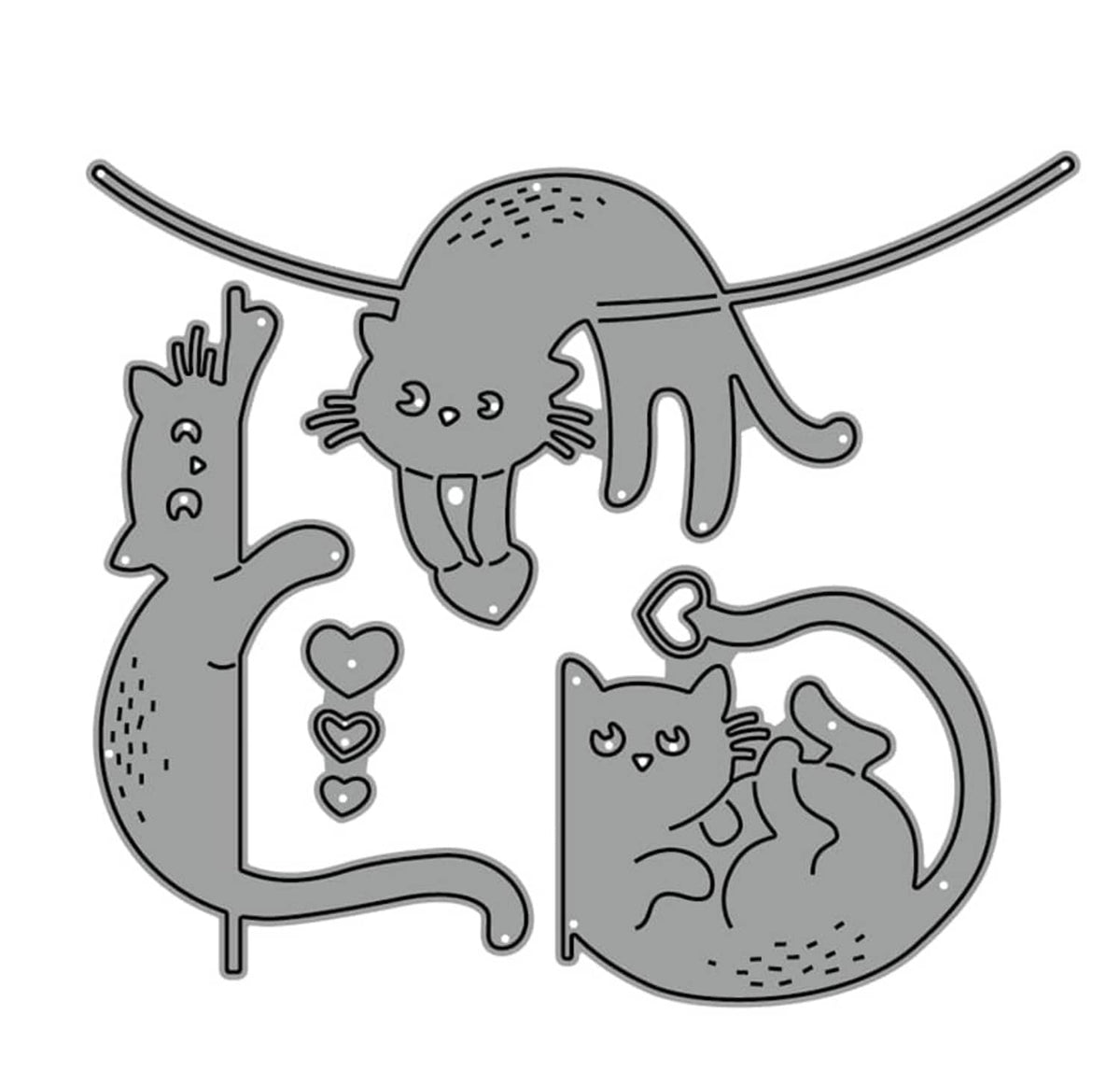 Gray cat metal die cut set with heart motifs and curled sleeping cat silhouettes