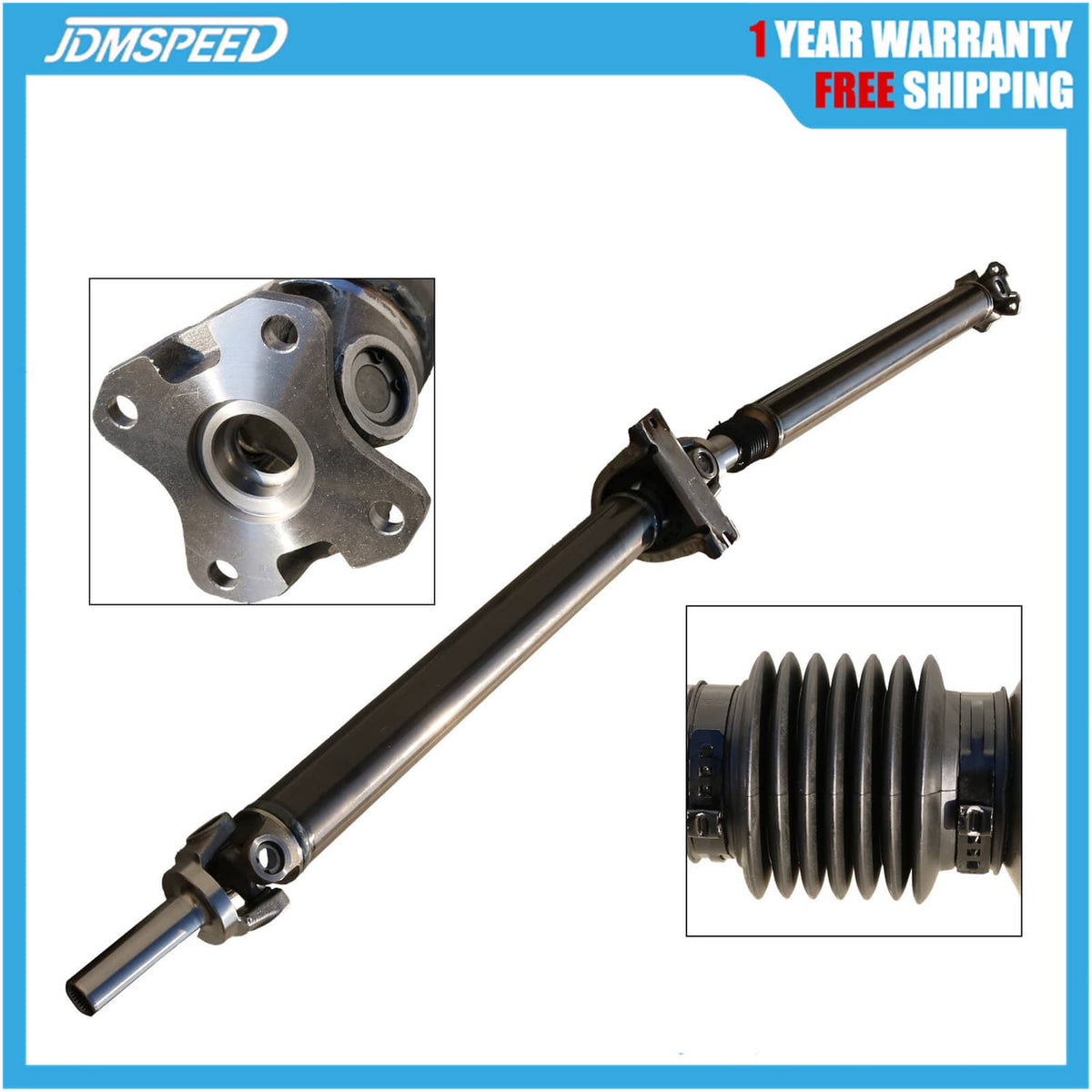 Rear drive shaft assembly with U-joint housing and steel tube, with rubber boot ends