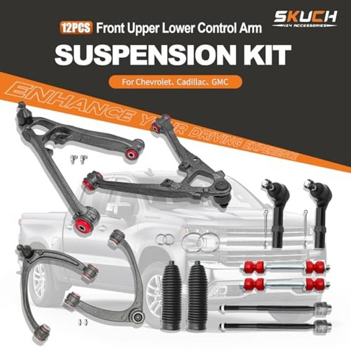 Front upper and lower control arm suspension kit with multiple arms and hardware