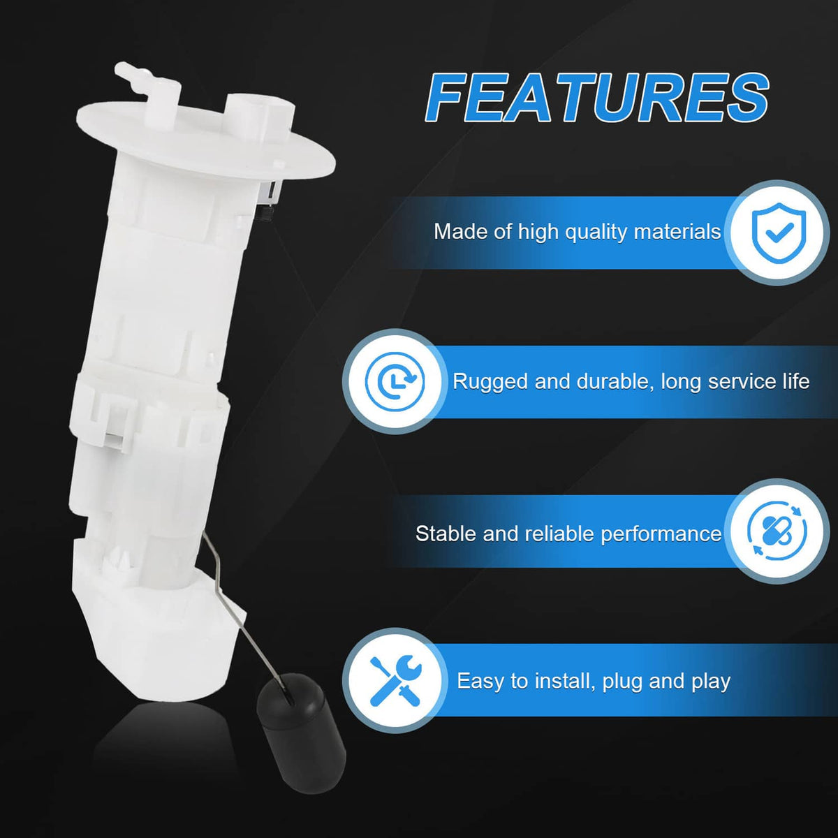 White fuel pump assembly with black sensor float and electrical connector details