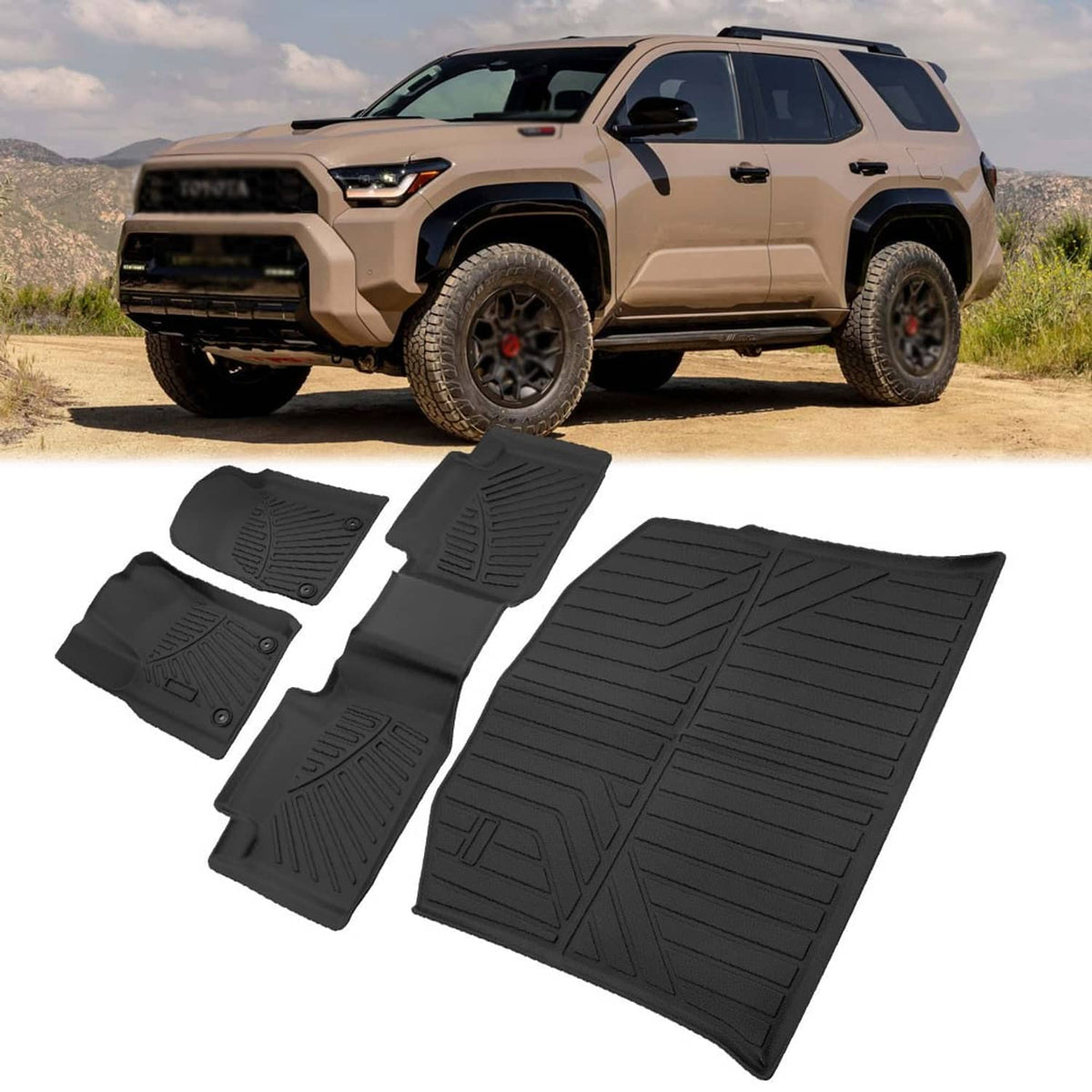 Black TPE floor mats and cargo liner set displayed with a SUV