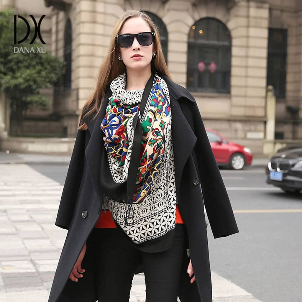 Merino wool pashmina with multicolor Moroccan print and long black-fringe ends