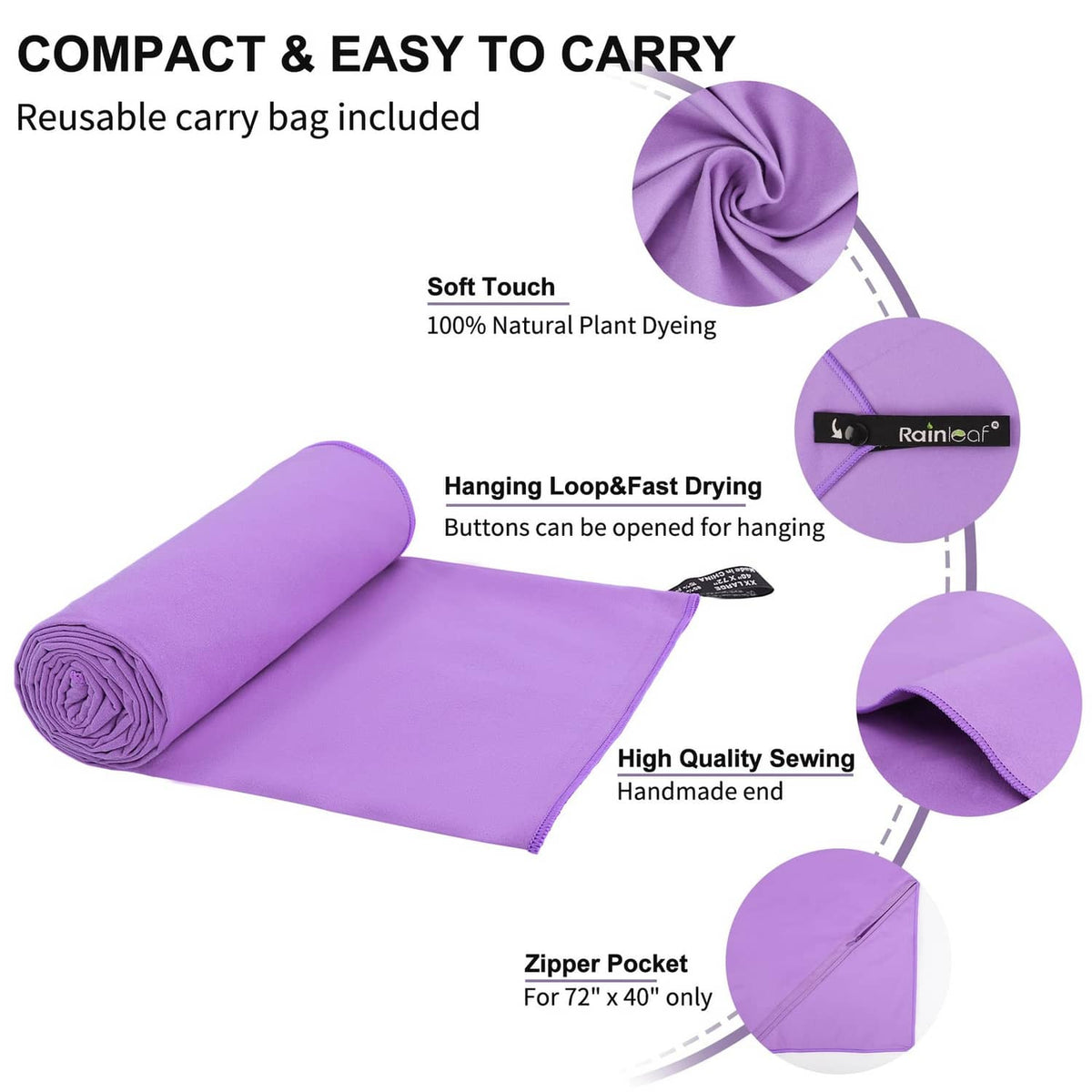 Violet microfiber towel with hanging loop, soft finish, and zipper carry pocket