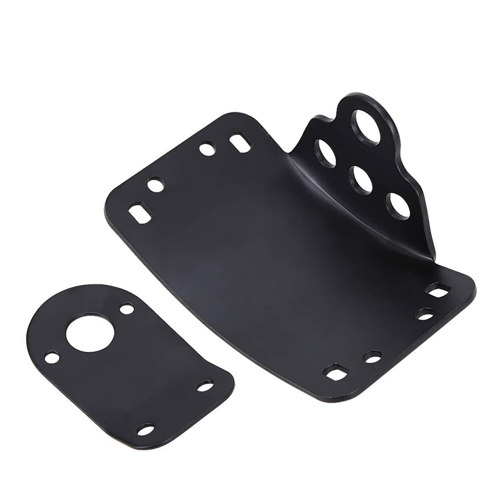 Motorcycle license plate mounting brackets, two black plates with circular and oblong holes