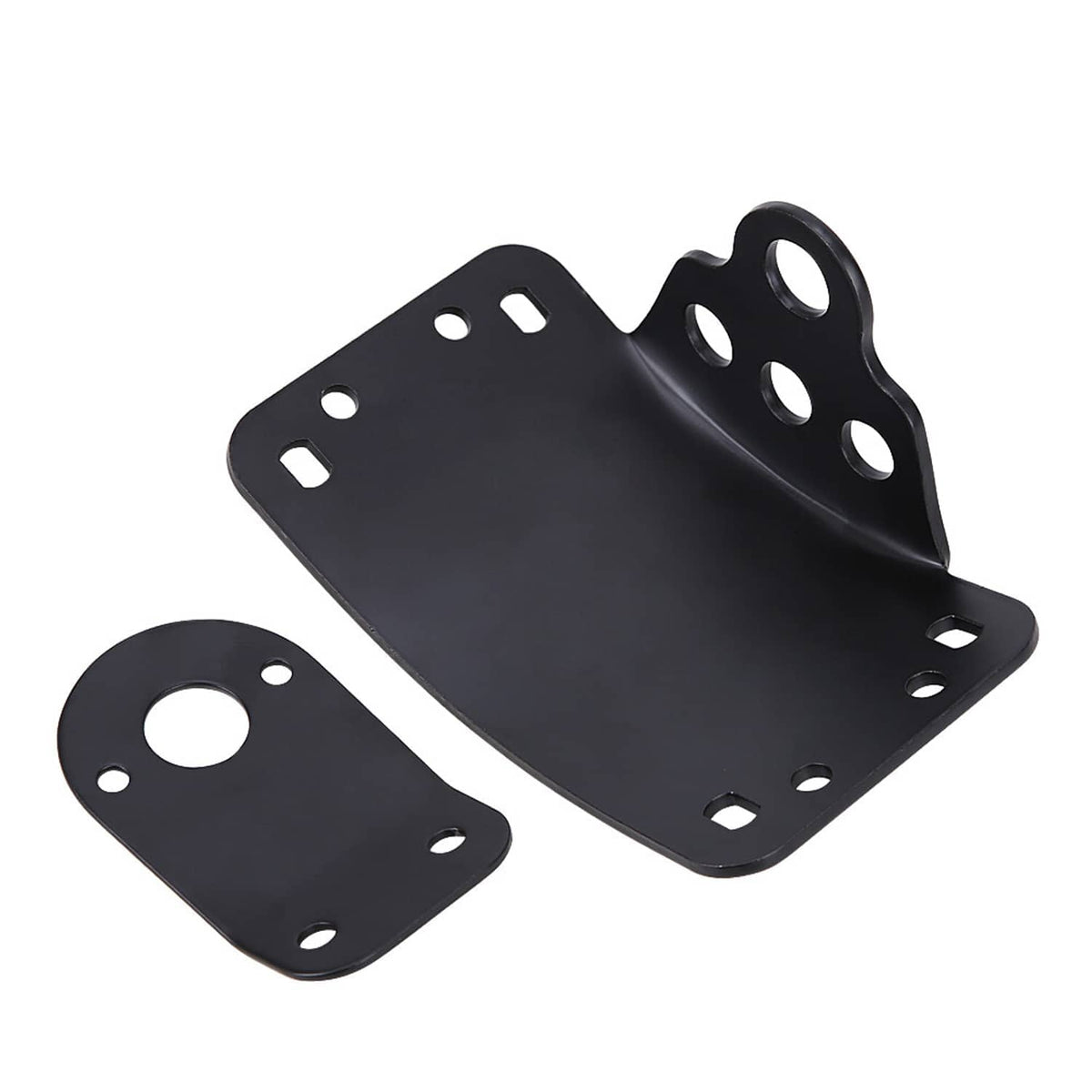 Motorcycle license plate mounting brackets, two black plates with circular and oblong holes