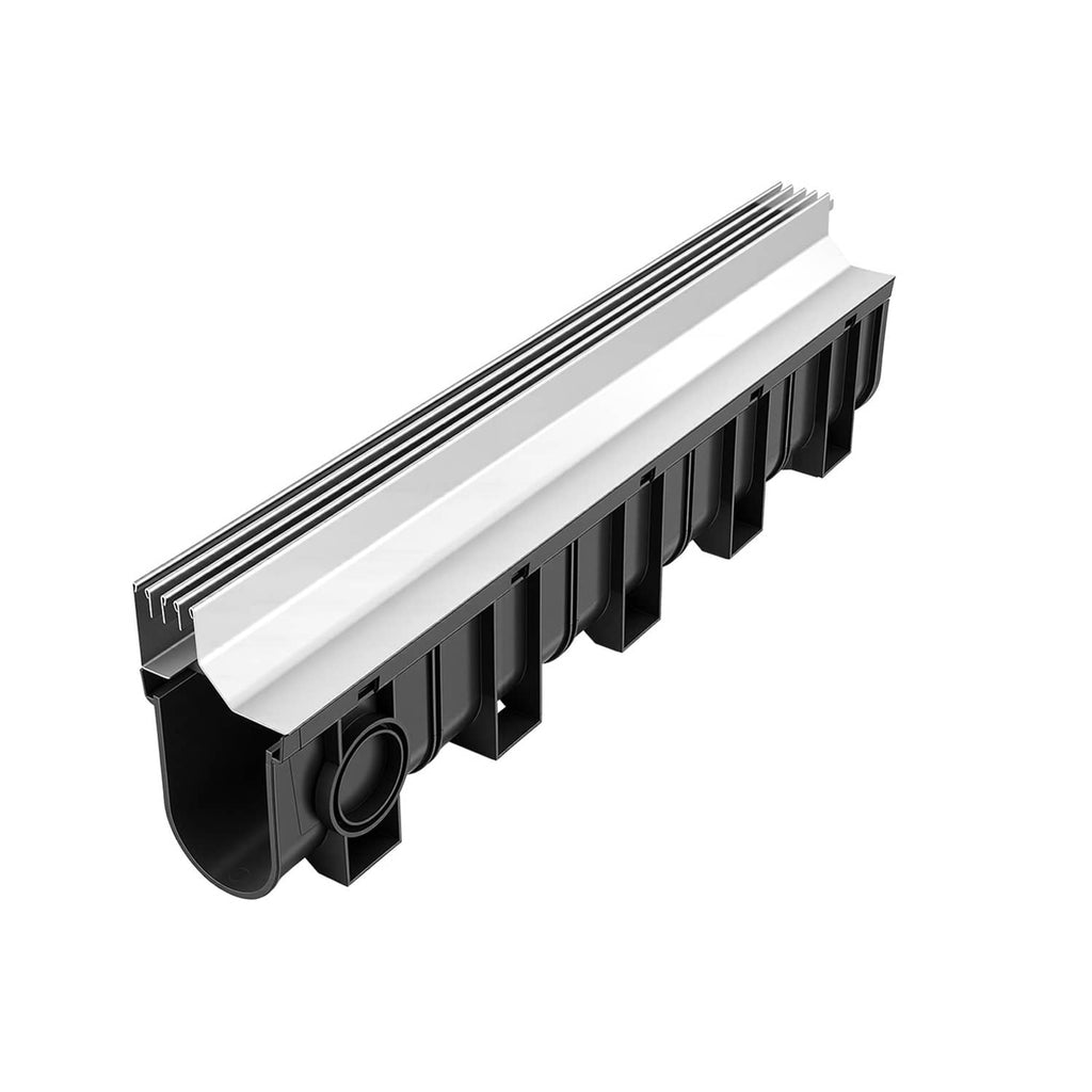 Linear trench drain channel with slotted steel grate and outlet ports on black base