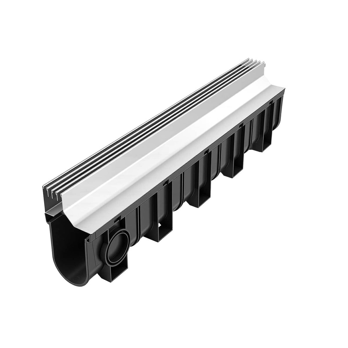 Linear trench drain channel with slotted steel grate and outlet ports on black base