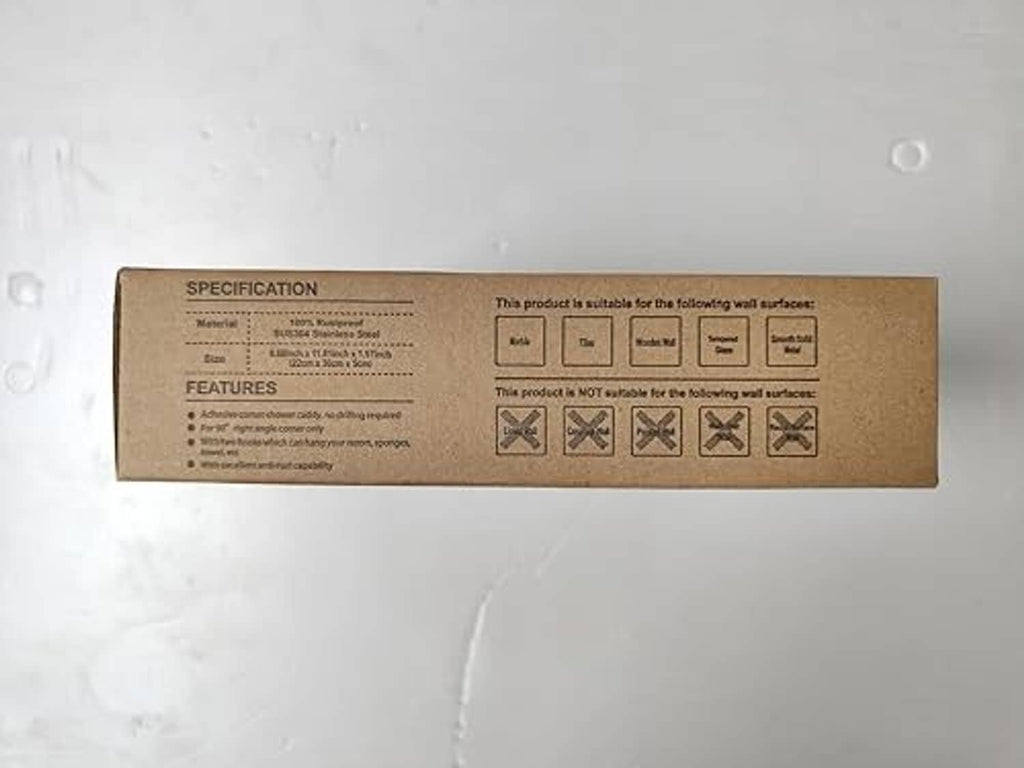 Orimade corner shower caddy box showing specifications panel