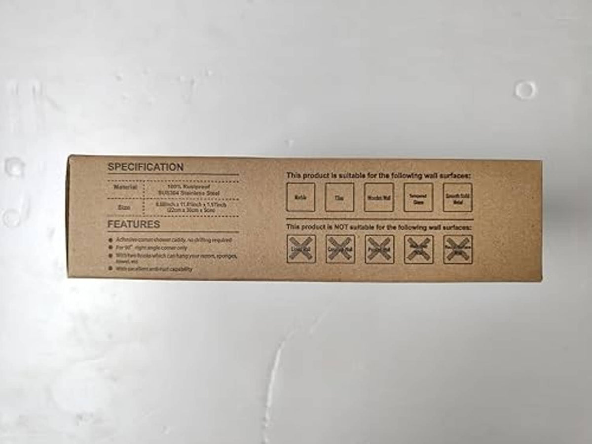 Orimade corner shower caddy box showing specifications panel
