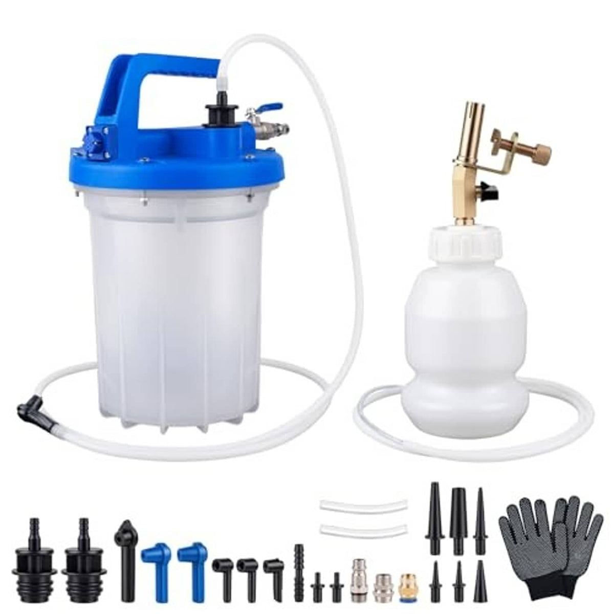 Pneumatic brake bleeding kit with 3L suction canister, refill bottle, and hoses