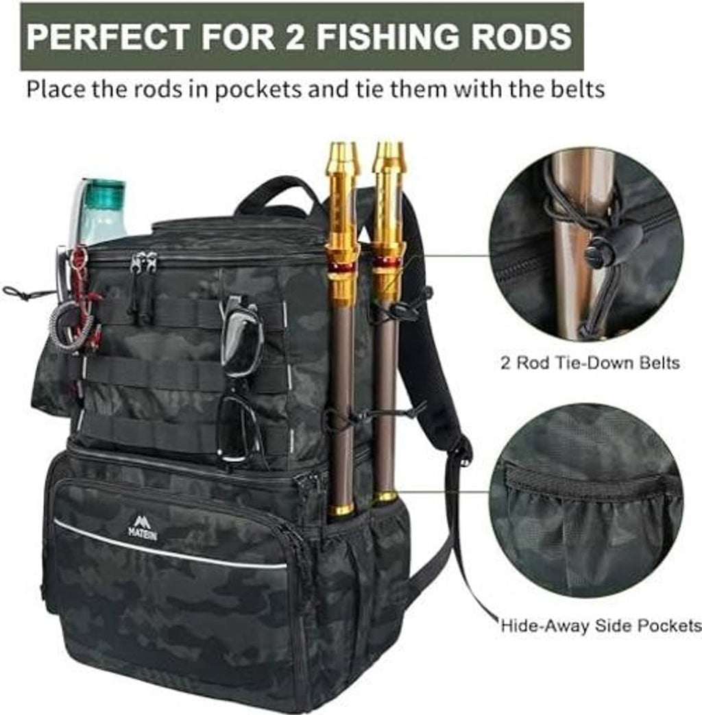 Dark camo fishing backpack with rod tie-down belts and side pockets for accessories
