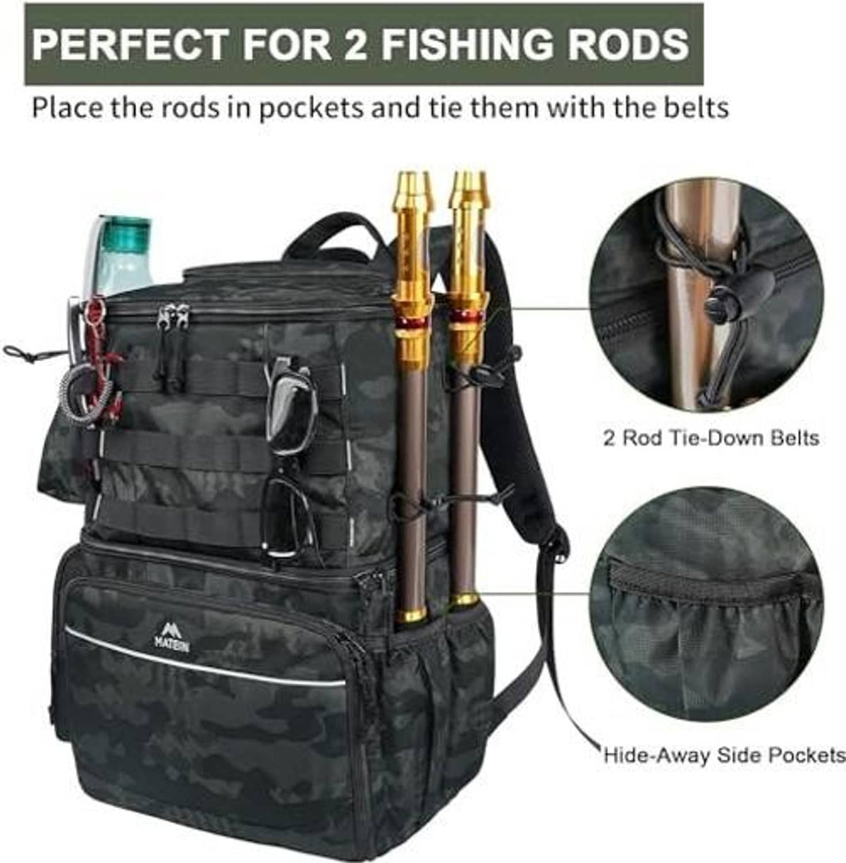 Dark camo fishing backpack with rod tie-down belts and side pockets for accessories