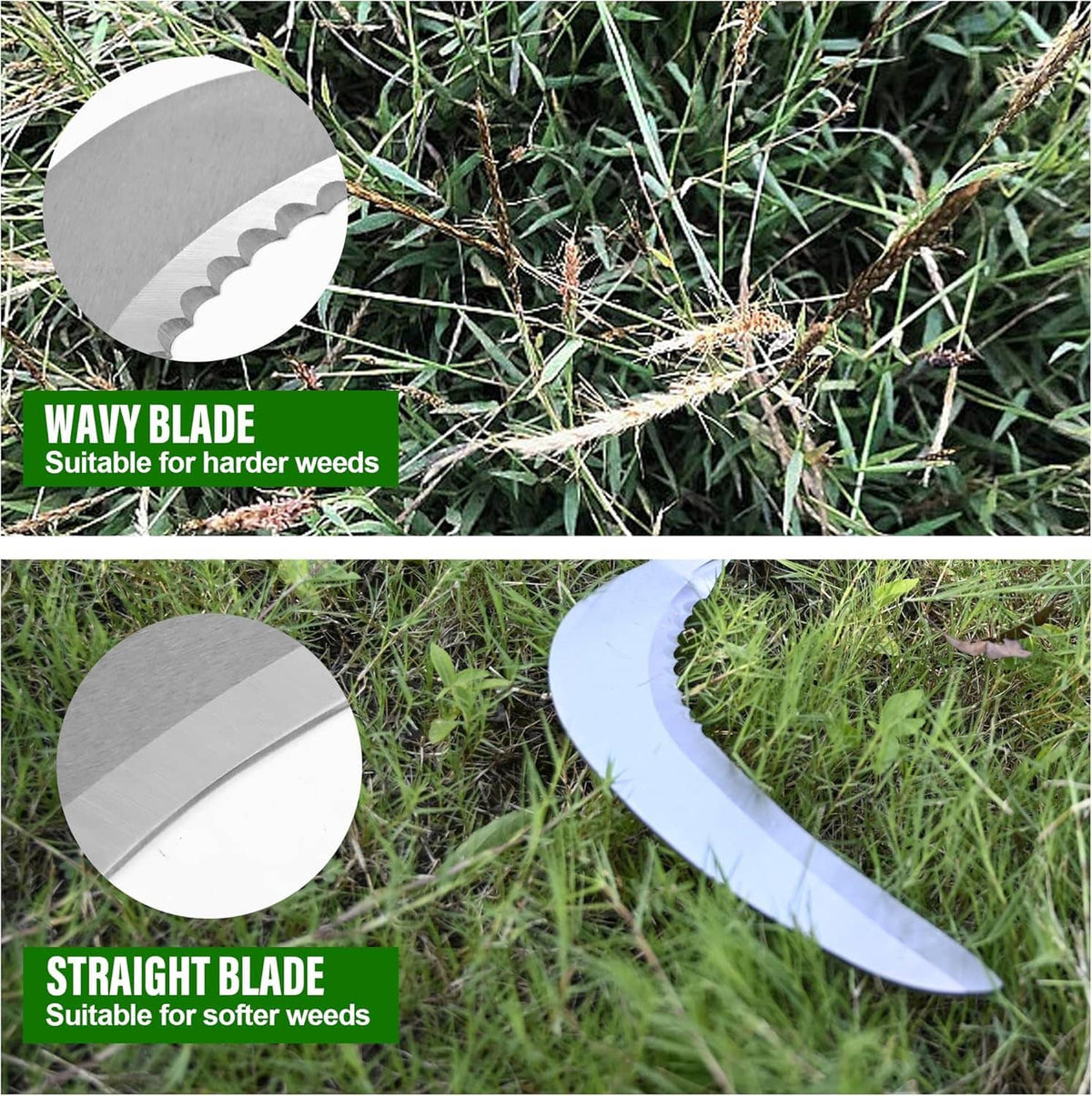 Two weeding sickle blades: wavy serrated edge and straight plain edge