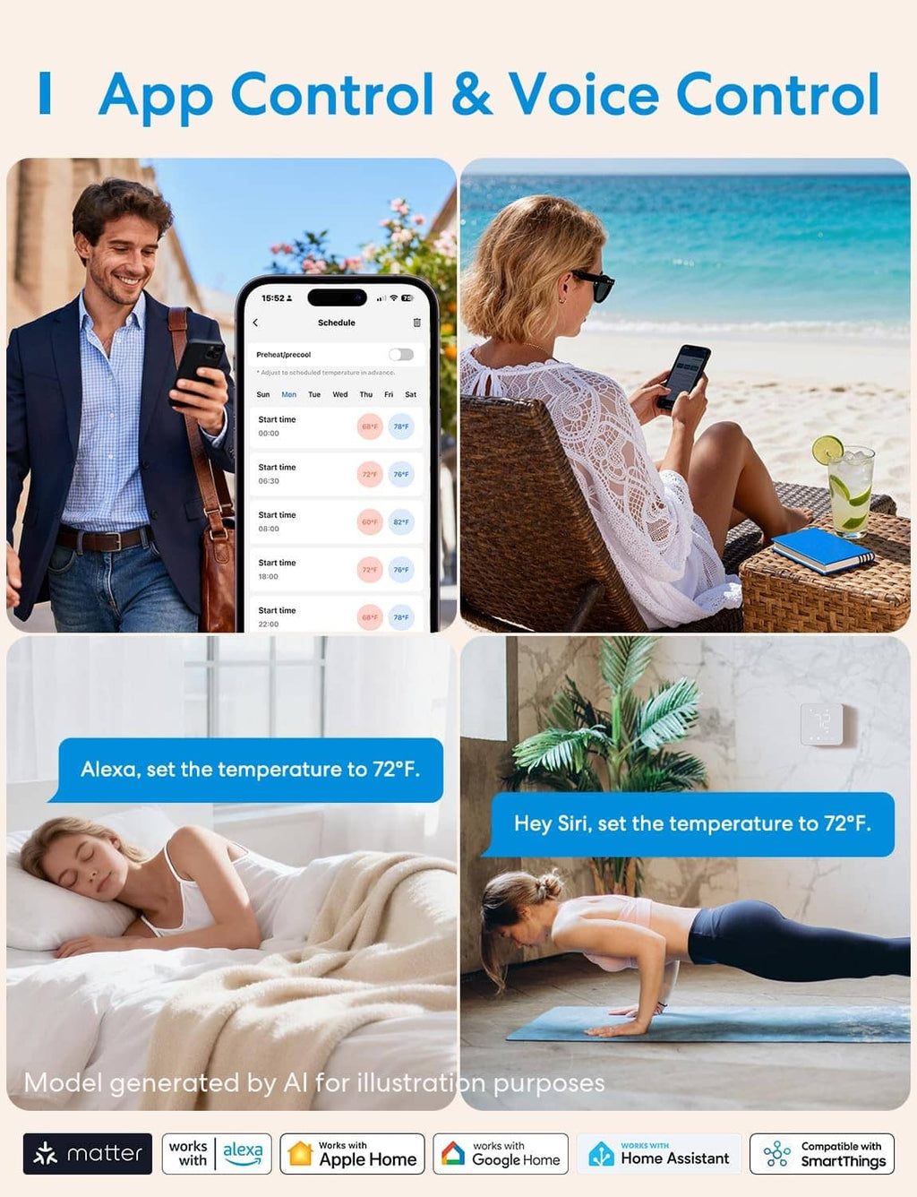 White smart thermostat with app control and voice control icons