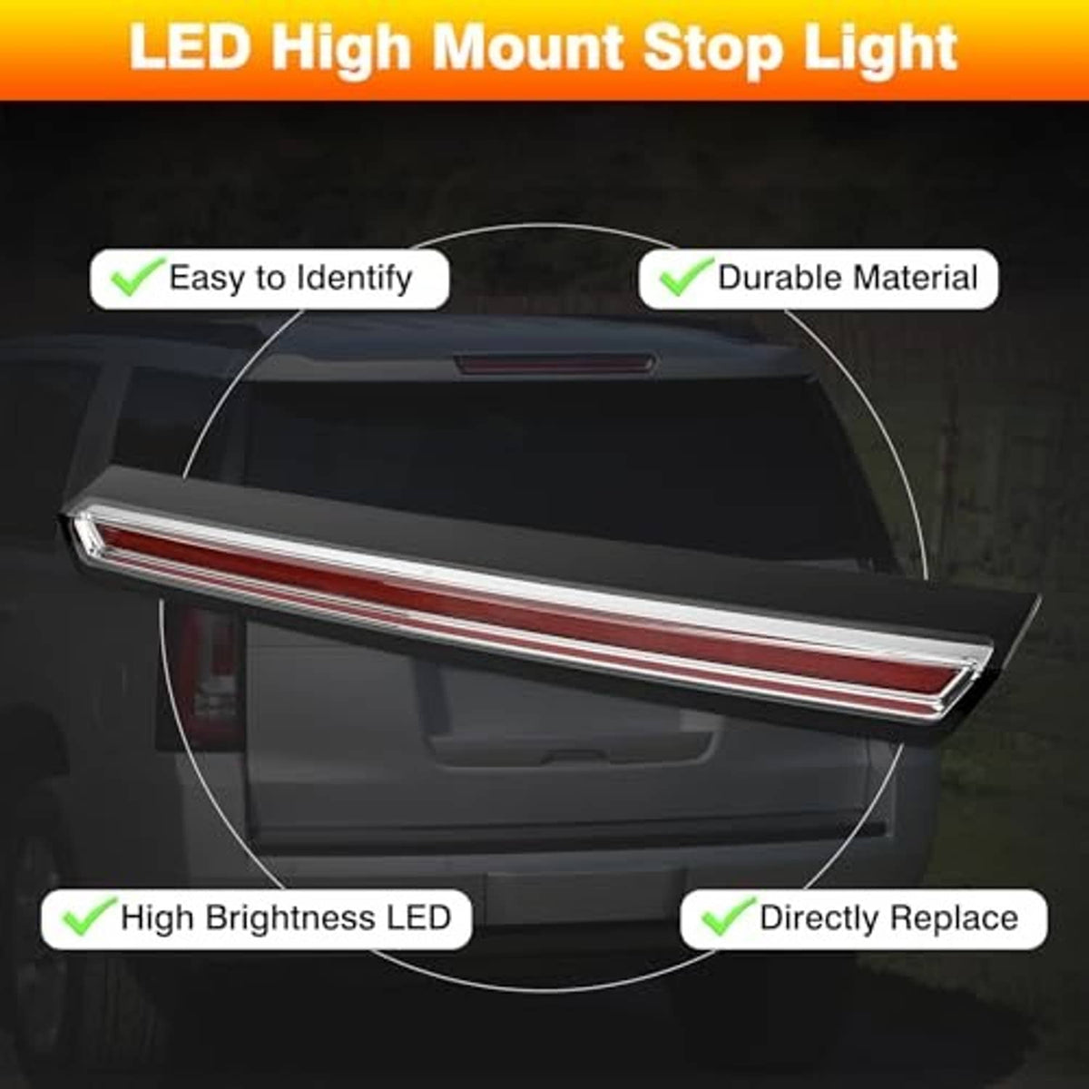 LED high mount stop light bar with red reflector strip on vehicle