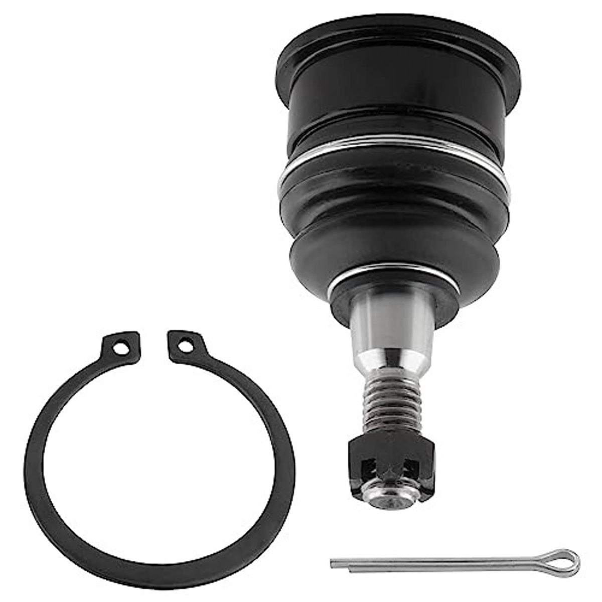 Front upper ball joint with black rubber boot, silver stem, retaining ring, cotter pin, hex nut