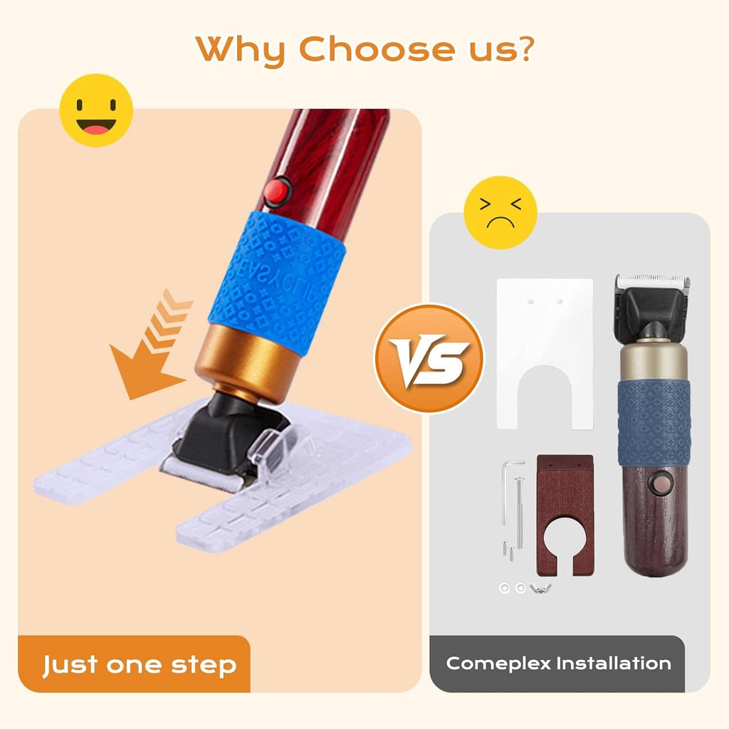 Carpet tufting trimmer head on guide base with red motor handle and blue grip