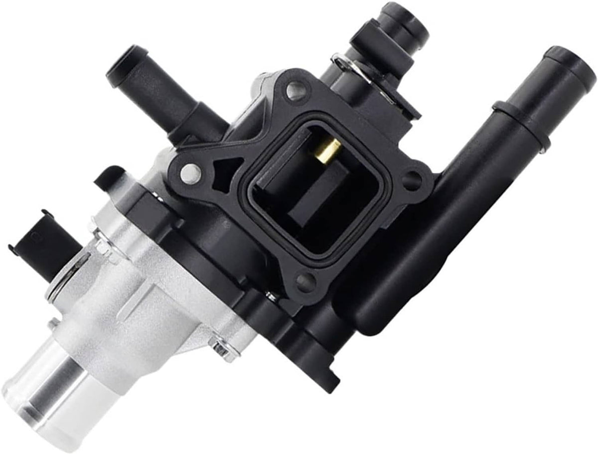 Thermostat water outlet assembly side view with black manifold and silver outlet