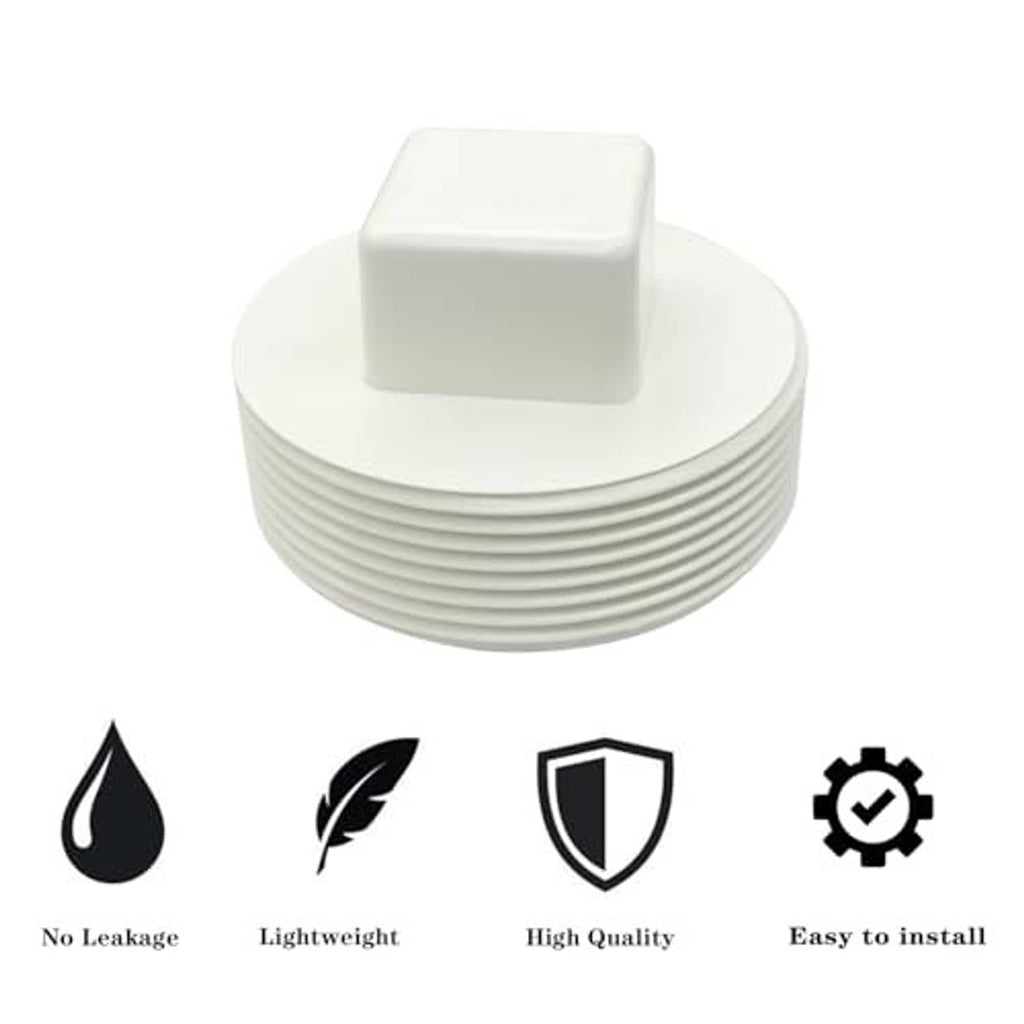 White threaded PVC cleanout plug with square top and concentric ridges on the end