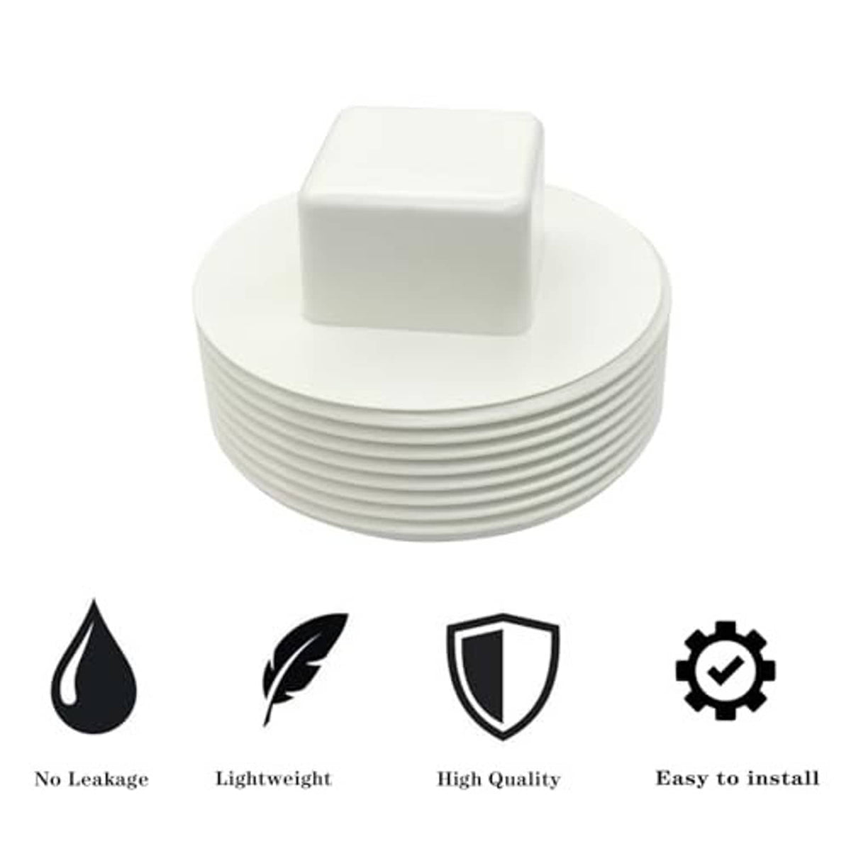 White threaded PVC cleanout plug with square top and concentric ridges on the end