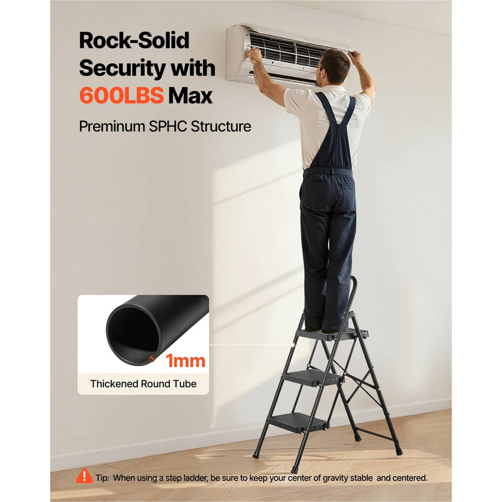 Black 3-step steel ladder with thickened round tube frame, up to 600 lb capacity